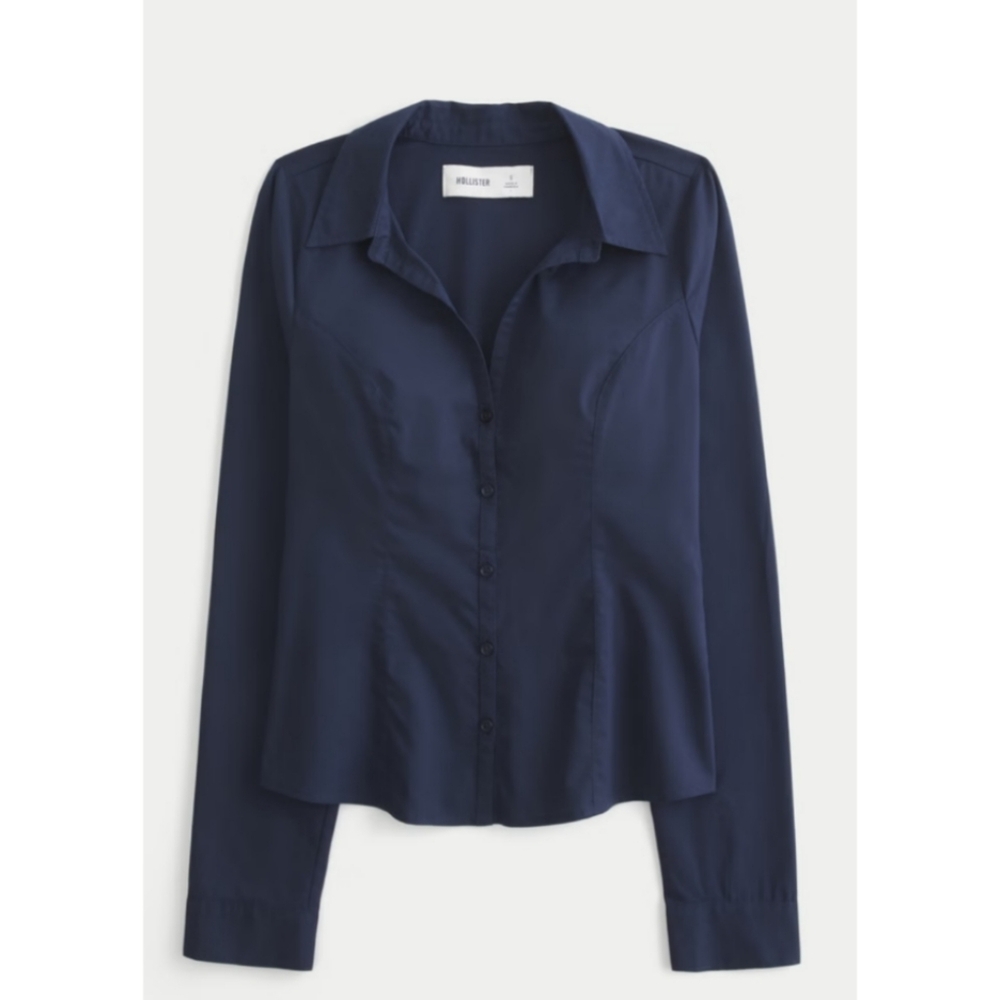 Hollister Button Through Poplin Shirt Navy Blue New With Tags